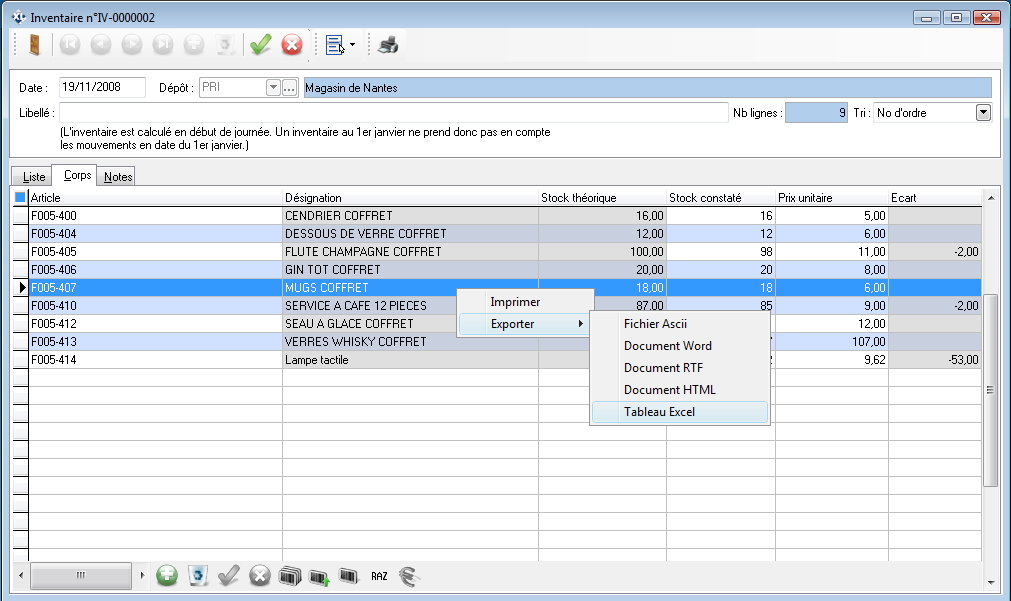 Export Excel inventaire