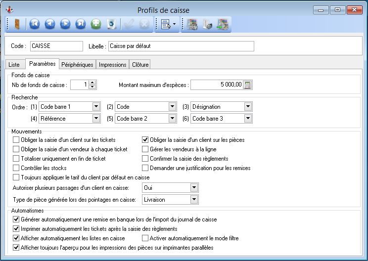 Profil de caisse - Paramètres Profil de caisse - Paramètres
