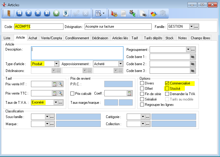Création Article Acompte