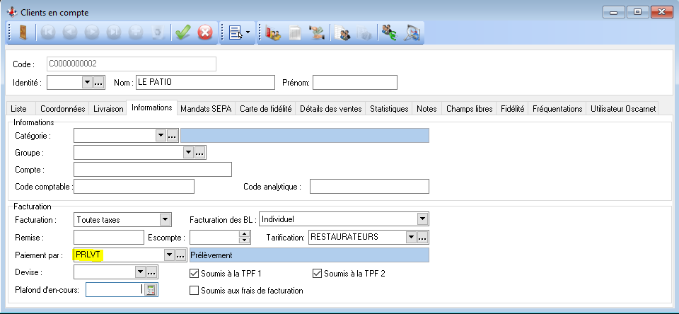 Paramétrage SEPA Fiche client