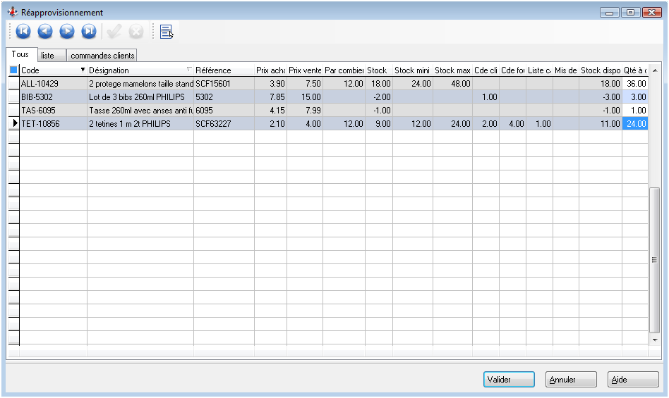 Réapprovisionner - Liste des articles Réapprovisionner - Liste des articles