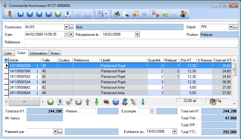 Réception - Reliquats Réception - Reliquats