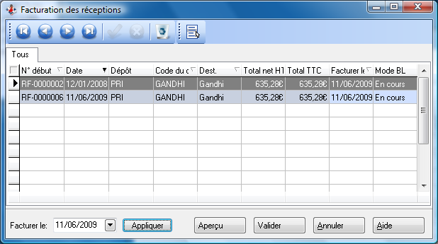 Facturations des réceptions