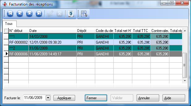 Facturations des réceptions