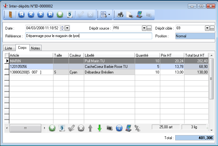 Transfert inter dépôt - Corps Transfert inter dépôt - Corps