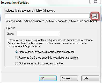 Inventaire - Importer un fichier - Chemin Inventaire - Importer un fichier - Chemin