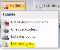 Menu Liste des gains