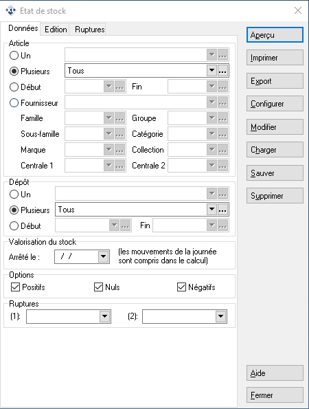 Etat de stock - Données