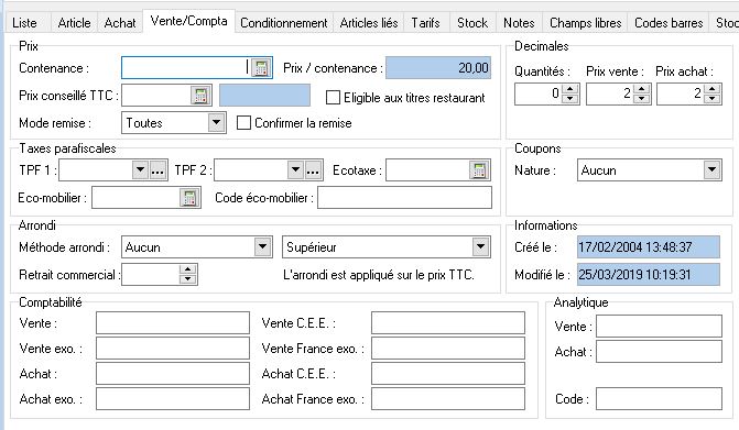 Article - Onglet Vente / Compta