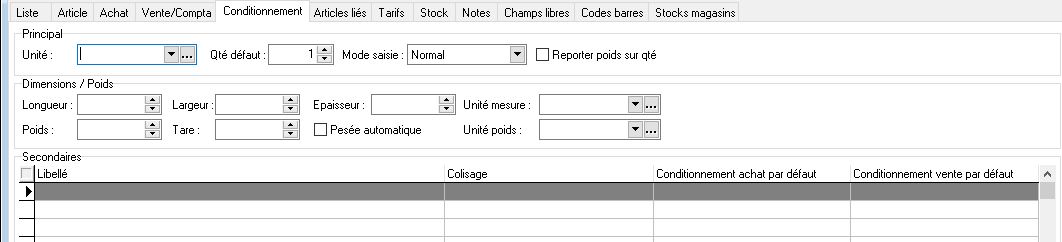 Article - Onglet Conditionnement