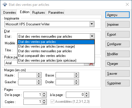 Etat des ventes par articles - Edition