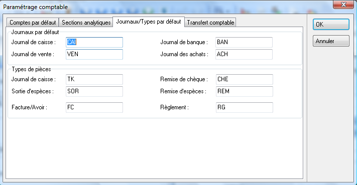 Paramétrage comptable - Journaux/Types par défaut