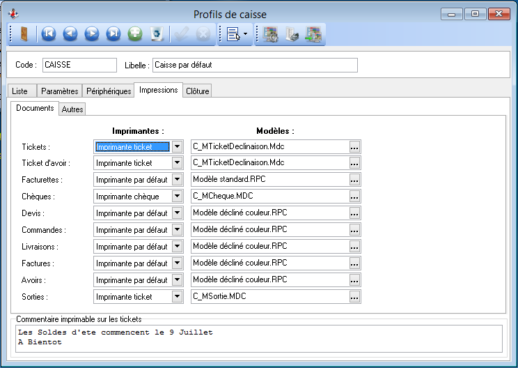 Profil de caisse - Impressions