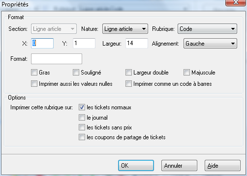 Propriétés du modèle ticket