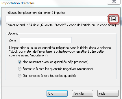 Inventaire - Importer un fichier - Chemin