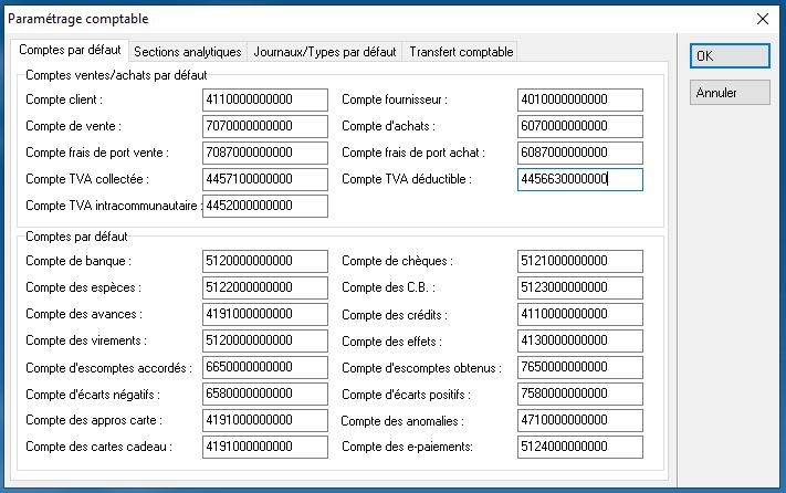 Paramétrage Comptable - Comptes par défaut