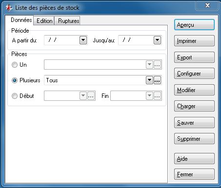 Liste des pièces de stock - Données