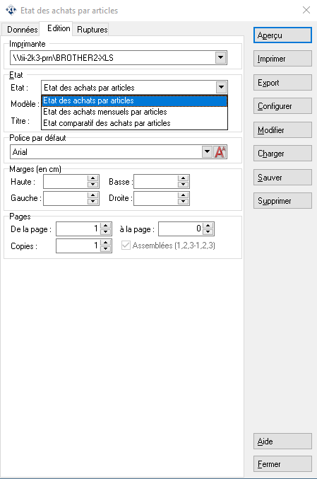 Etat des achats par articles - Edition