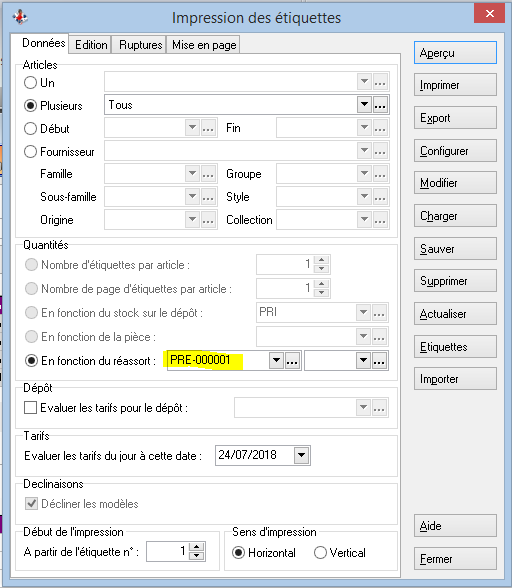 Projet de réassort - Paramétrage Etiquette