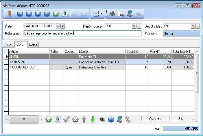 Transfert inter dépôt - Corps