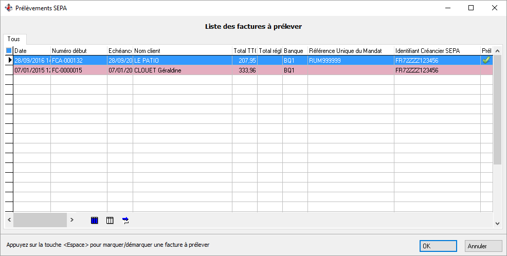 Génération prélèvement - Liste des factures