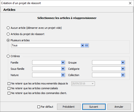 Création projet de réassort - Article