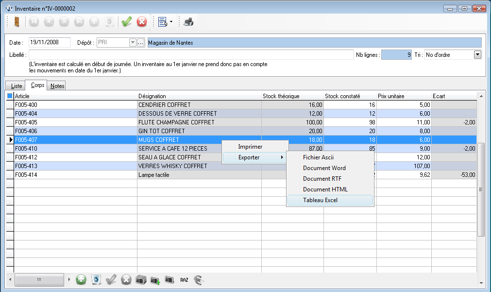 Inventaire - Exporter