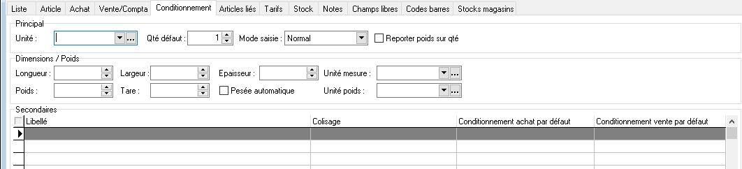 Article - Onglet Conditionnement