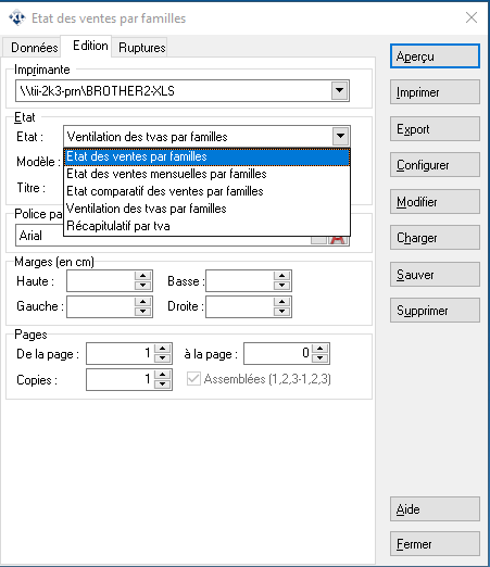 Etat des ventes par familles - Edition