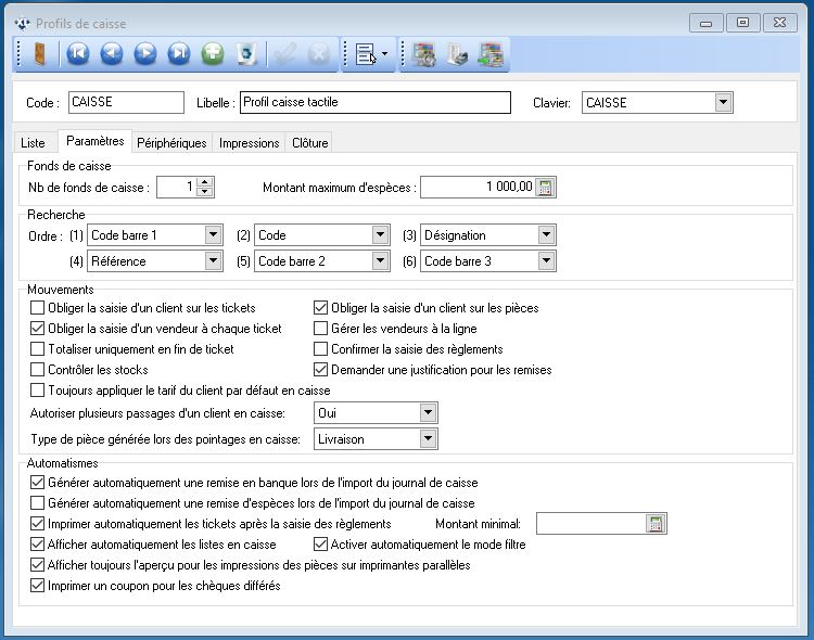 Profil de caisse - Paramètres