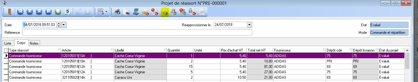 Projet de réassort - Suivi des réceptions