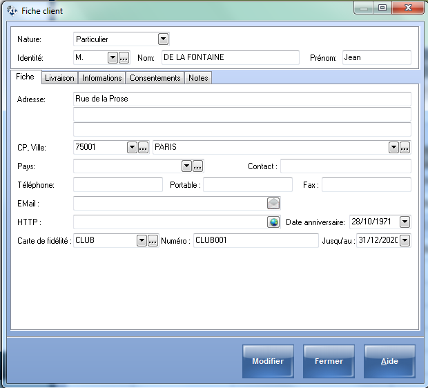 Modifier un client - onglet Fiche