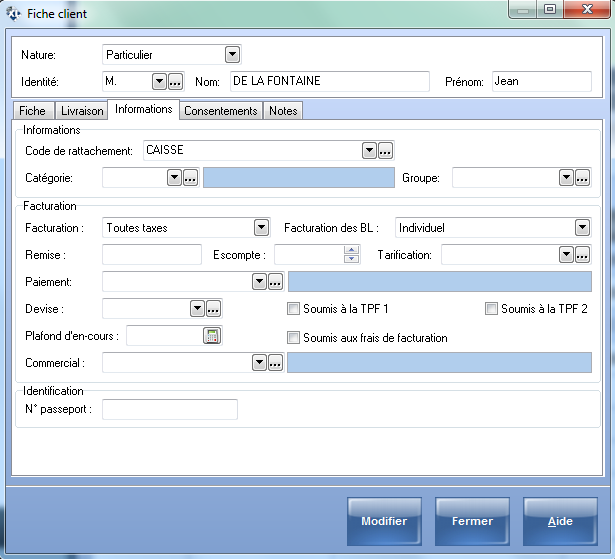 Modifier Client - Onglet Informations