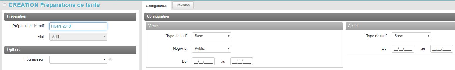 Préparation de tarif - Création