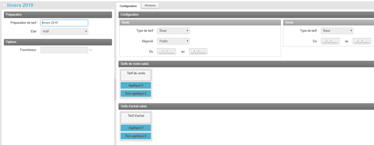 Préparation de tarif - Configuration