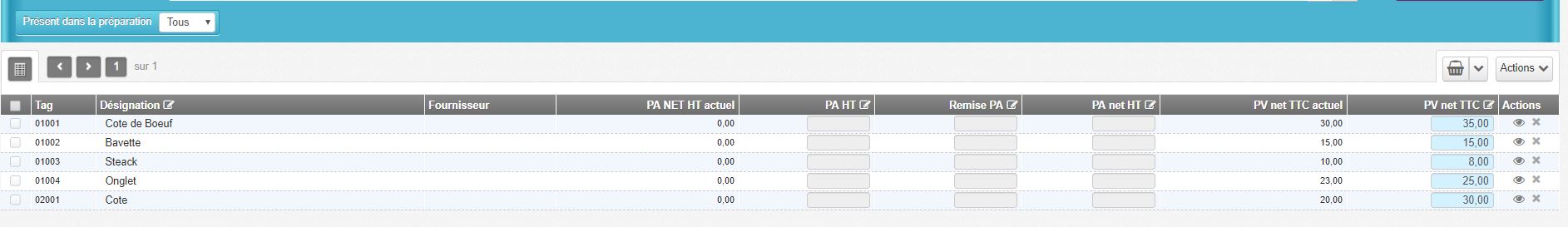 Préparation de tarif - Modification tarif