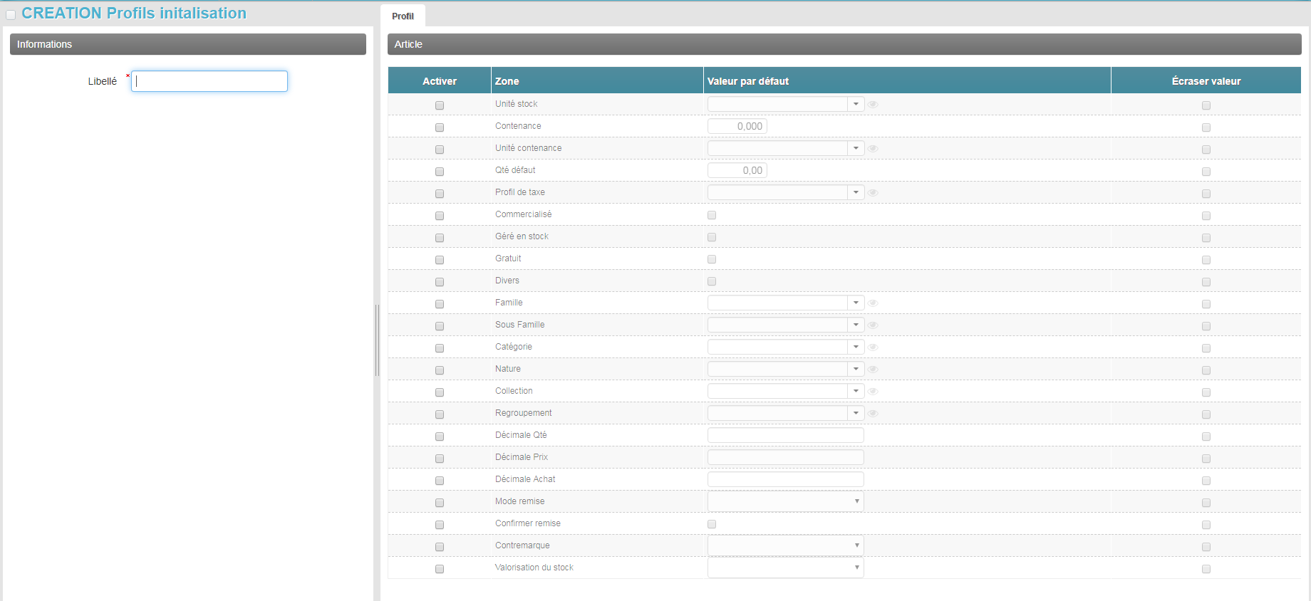 Profils d'initialisation article - Création