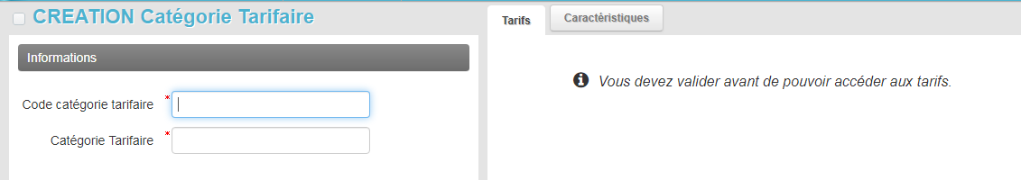 Catégorie Tarifaire - Création