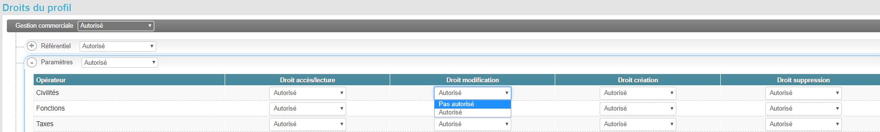 Profils - Modification droits