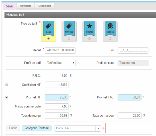 Prix de vente par catégorie tarifaire - Modification