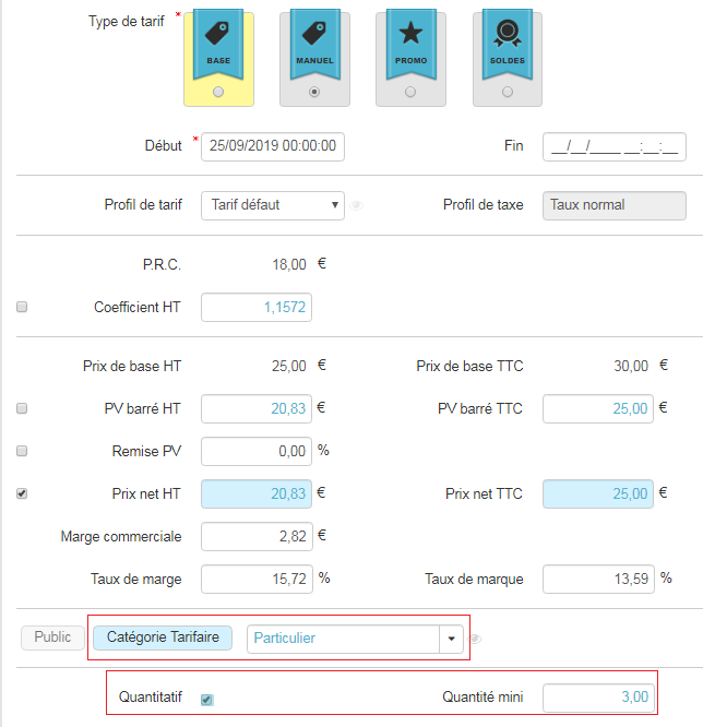 Prix de vente par catégorie tarifaire - Manuel