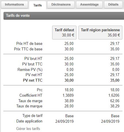 Prix de vente par catégorie tarifaire